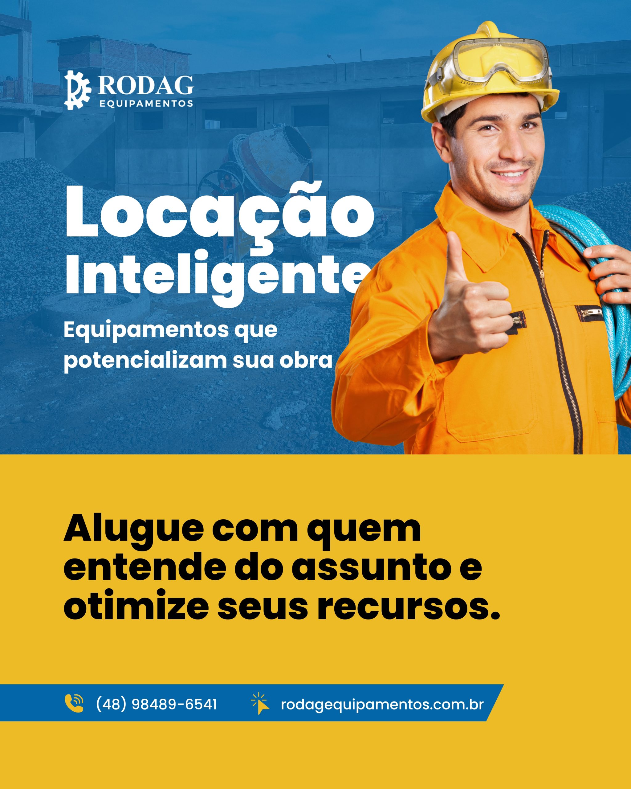 homem com equipamentos alugados, informando que na rodag tem locação inteligente